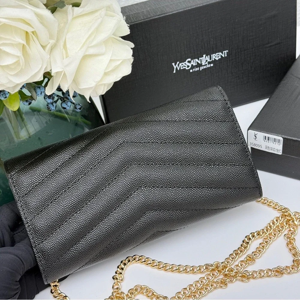 Yves Saint Laurent Black Textured Clutch with Gold Chain